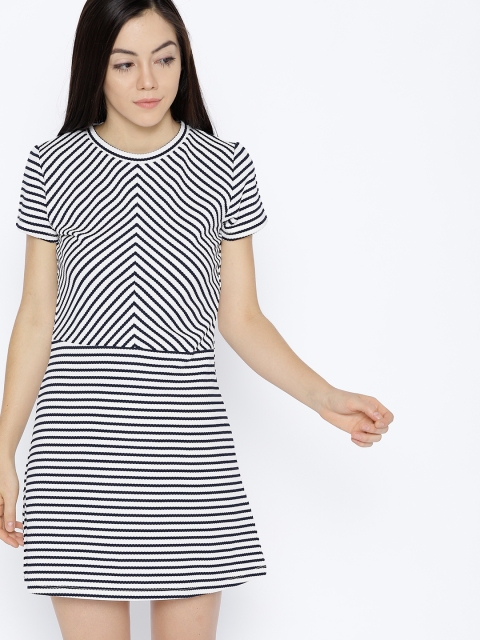 

MANGO Women White & Black Striped A-Line Dress