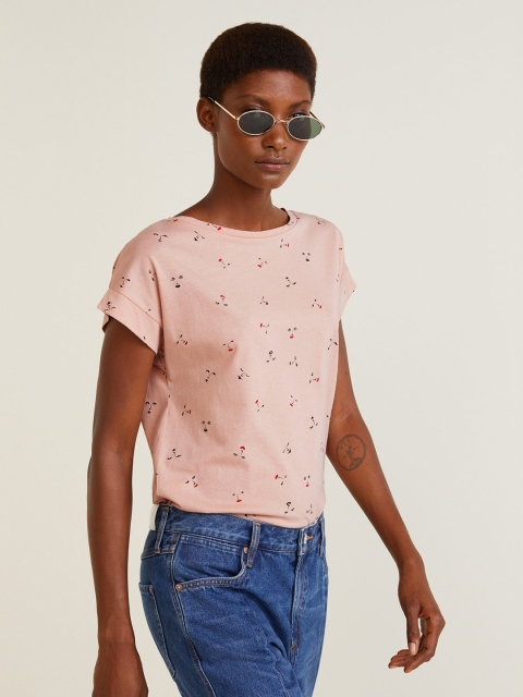 

MANGO Women Pink Printed Round Neck Pure Cotton T-shirt