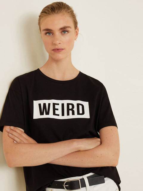 

MANGO Women Black Printed Round Neck T-shirt