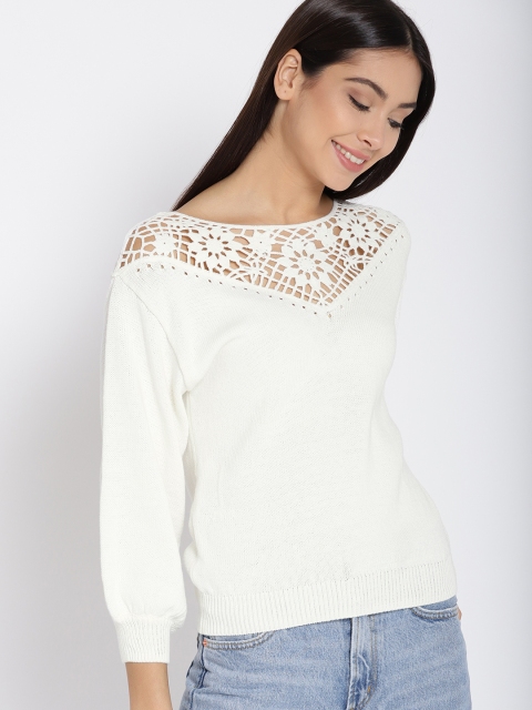 

MANGO Women White Crochet Pullover