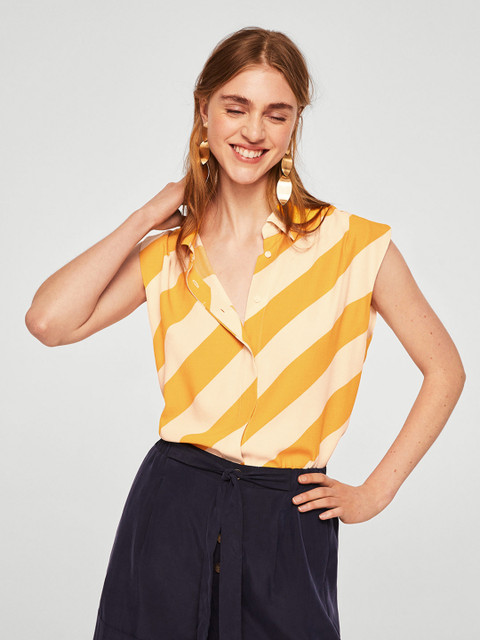

MANGO Women White & Yellow Regular Fit Striped Casual Shirt