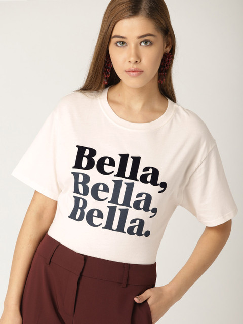 

MANGO Women Beige Printed Round Neck Pure Cotton T-shirt