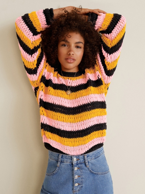 

MANGO Women Black & Pink Striped Pullover