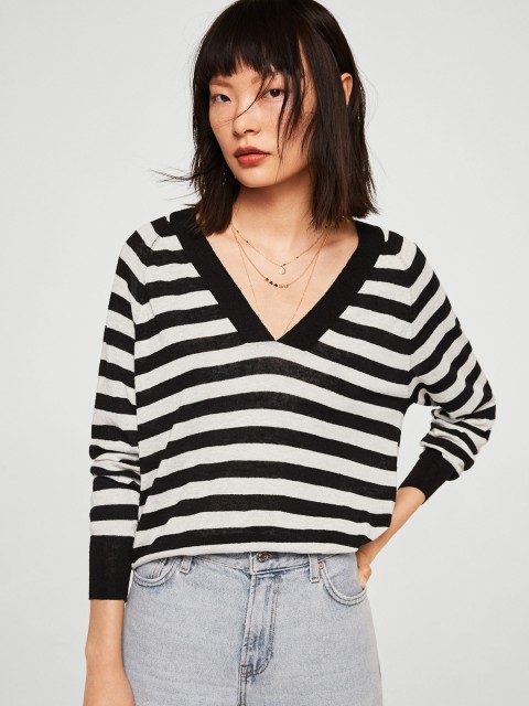 

MANGO Women White & Black Striped Sweater