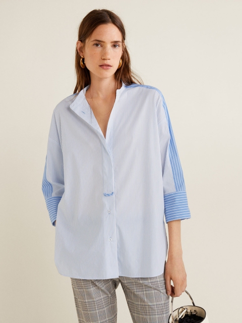 

MANGO Women Blue & White Boxy Fit Striped Casual Shirt
