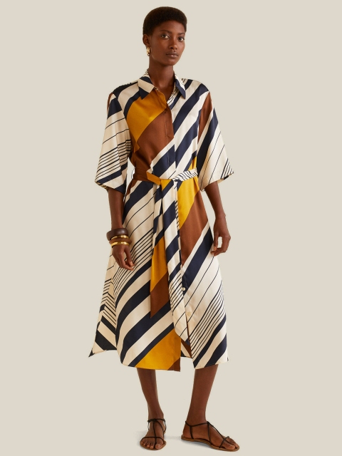 

MANGO Women Off-White & Navy Striped Shirt Dress