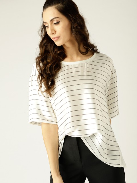 

MANGO Women White & Black Striped Boxy Top