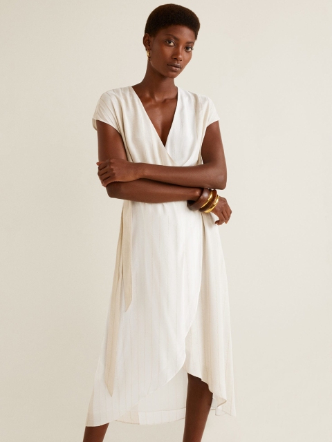 

MANGO Women White Striped Wrap Dress