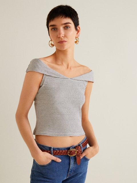 

MANGO Women Off-White & Navy Blue Striped Bardot Top