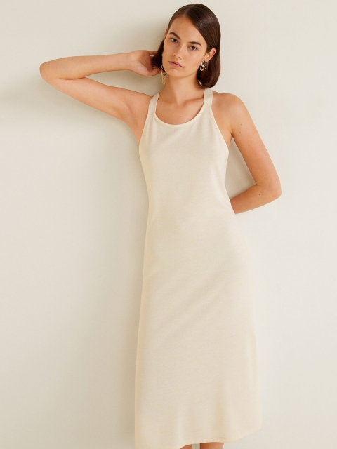 

MANGO Women Off-White Solid Midi A-Line Dress