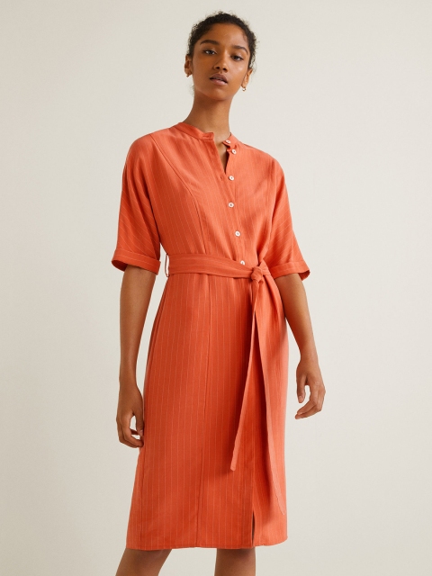 

MANGO Women Coral Orange Striped Shirt Dress