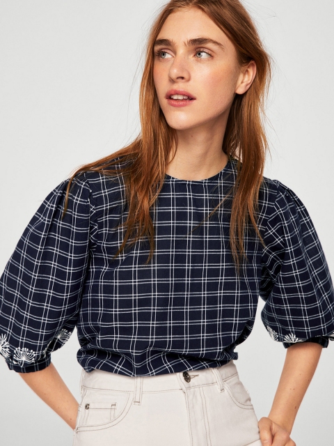 

MANGO Women Navy Blue Checked Boxy Top