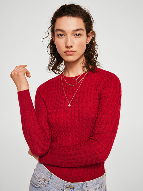 

MANGO Women Red Cable Knit Pattern Pullover