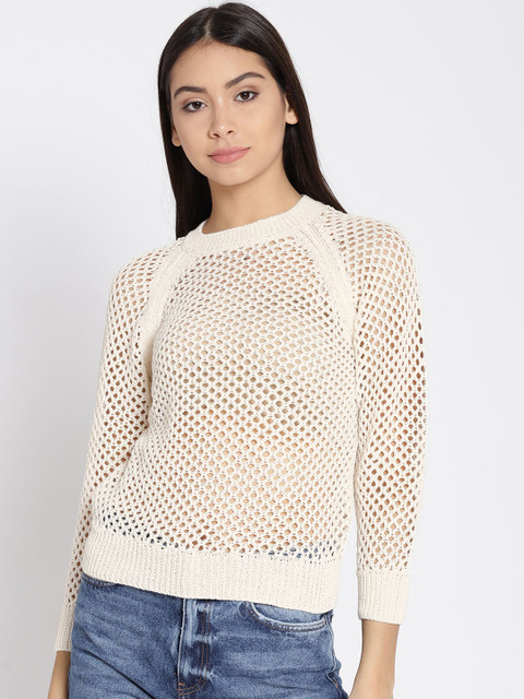 

MANGO Women Cream-Coloured Open Knit Pullover