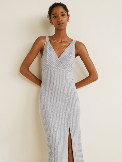 

MANGO Women Grey Melange Self-Striped Midi Sheath Dress