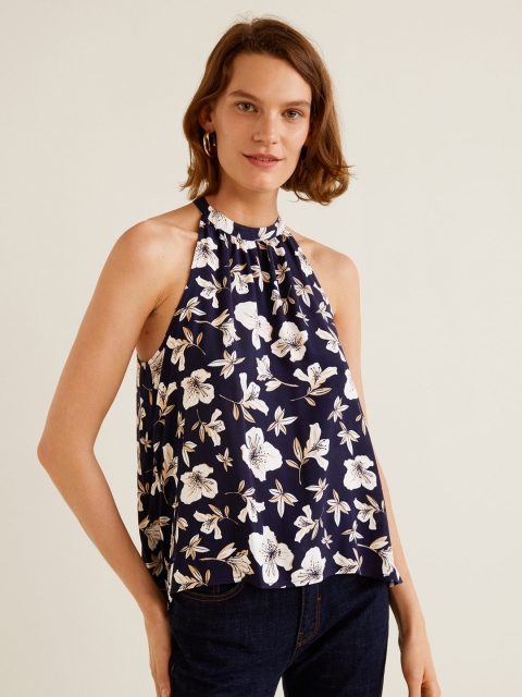 

MANGO Women Navy Blue Floral Print A-Line Top