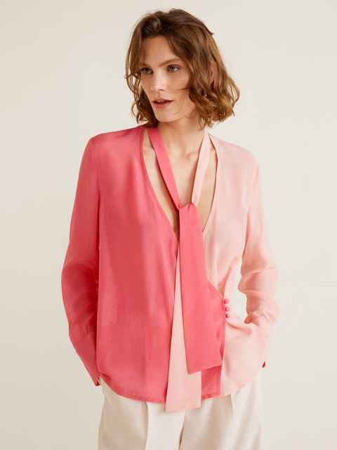 

MANGO Women Pink Colourblocked Wrap Top