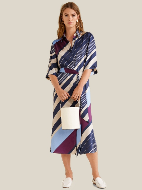 

MANGO Women Grey & Blue Striped Shirt Dress