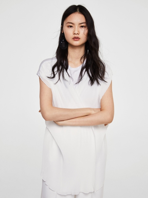 

MANGO Women White Solid Longline Top