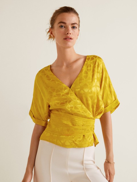

MANGO Women Mustard Yellow Self Design Wrap Top