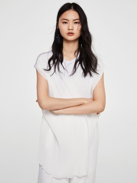 

MANGO Women White Solid Layered Longline Top