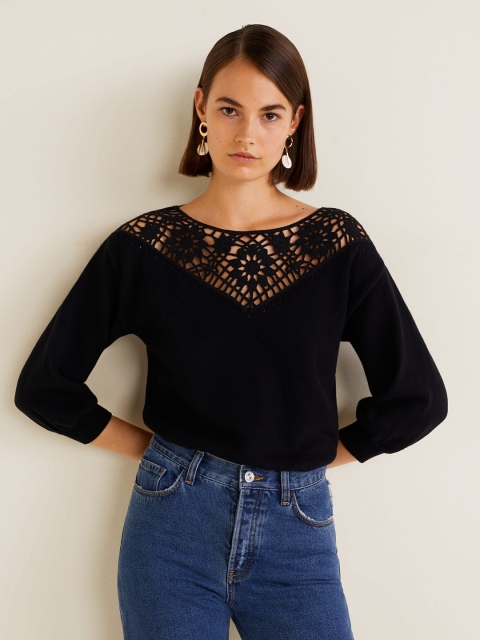 

MANGO Women Black Crochet Detail Pullover