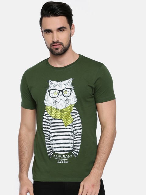 

Jack & Jones Men Olive Green Printed Round Neck T-shirt