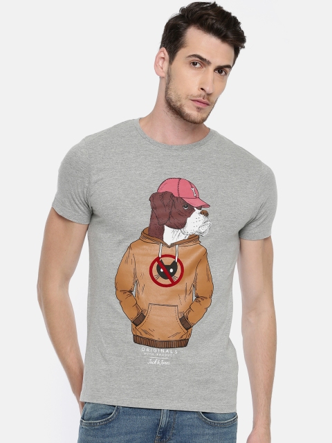 

Jack & Jones Men Grey Melange Printed Round Neck T-shirt