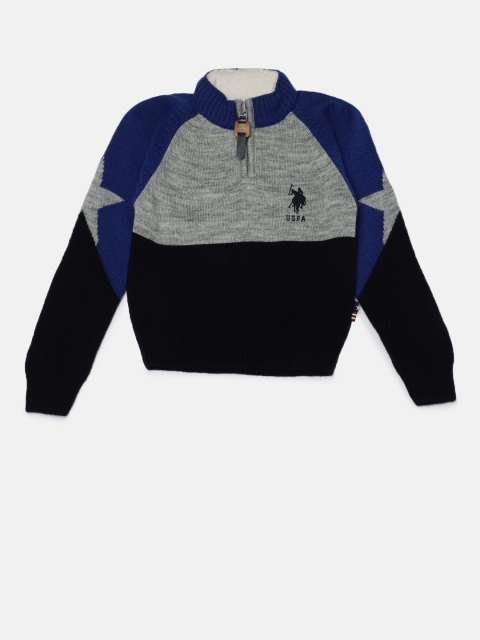 

U.S. Polo Assn. Boys Grey & Navy Blue Colourblocked Woolen Pullover