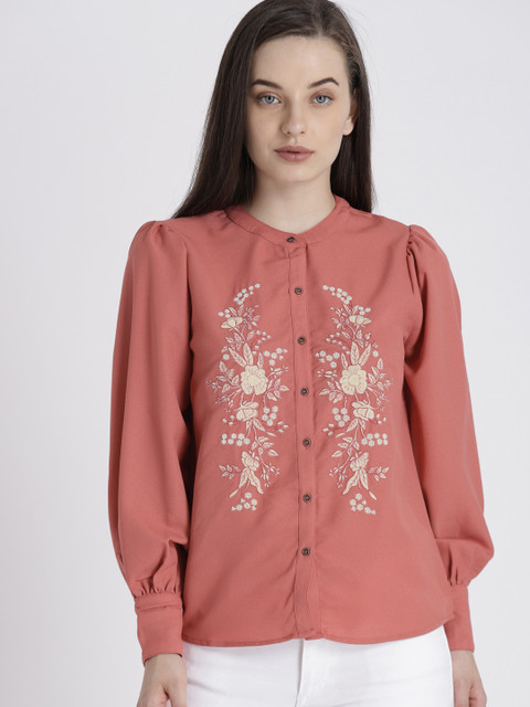 

Chemistry Women Peach-Coloured Embroidered Shirt Style Top