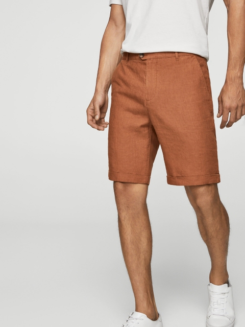 

MANGO MAN Men Brown Solid Regular Fit Linen Shorts
