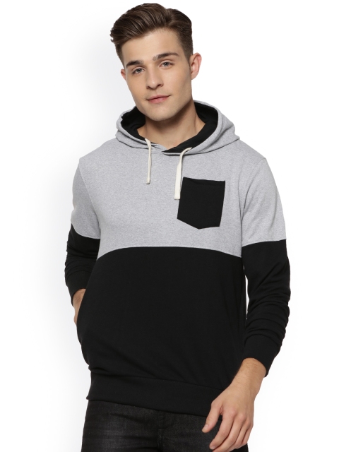 

Campus Sutra Men Black & Grey Colourblocked Hooded Sweatshirt