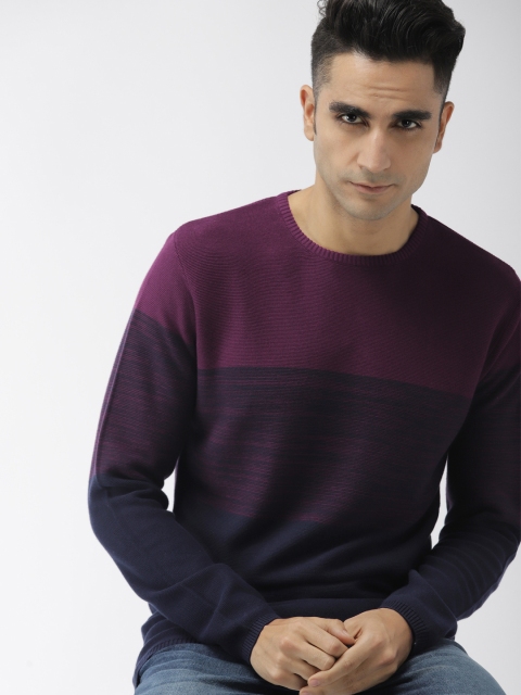 

Indian Terrain Men Navy Blue & Burgundy Colourblocked Sweater