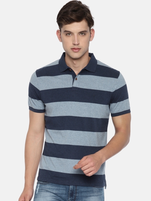 

Indian Terrain Men Navy Blue Striped Polo Collar Pure Cotton T-shirt