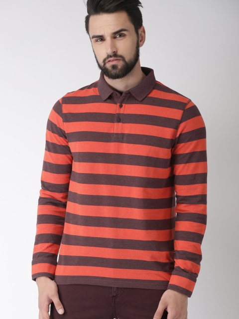 

Indian Terrain Men Orange & Burgundy Striped Polo Collar T-shirt