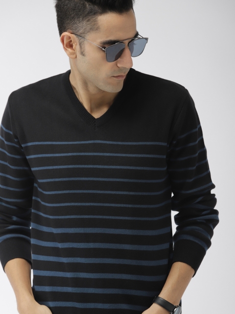

Indian Terrain Men Black & Blue Striped Sweater