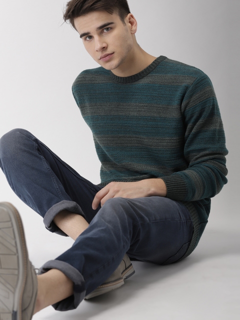 

Indian Terrain Men Teal Blue & Grey Striped Pullover Sweater
