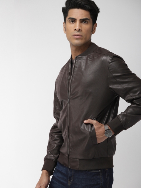 

Indian Terrain Men Brown Solid Faux Leather Bomber Jacket