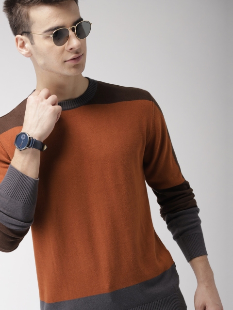

Indian Terrain Men Rust Orange & Grey Colourblocked Pullover