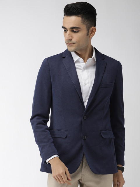 

Indian Terrain Men Navy Blue Self Design Regular Fit Single Breasted Smart Casual Blazer
