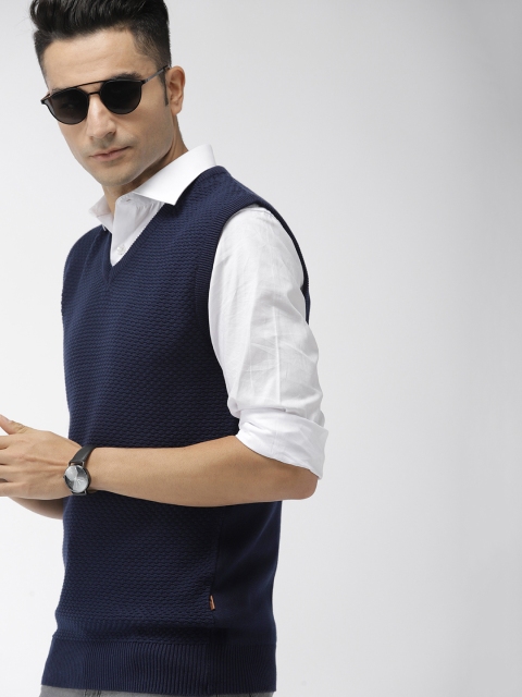 

Indian Terrain Men Navy Blue Self Design Sweater Vest