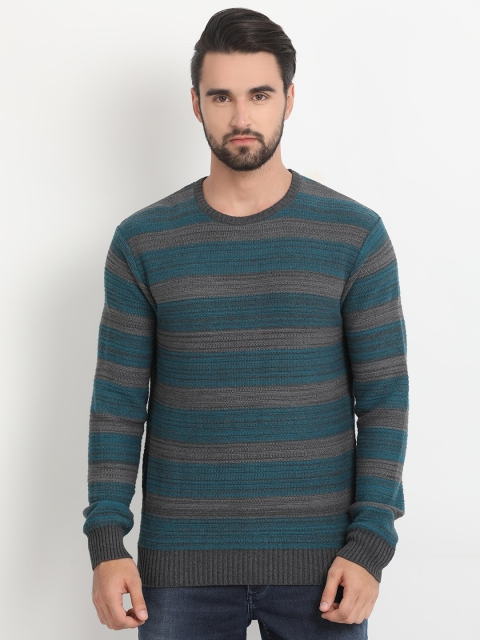 

Indian Terrain Men Grey & Teal Striped Pullover