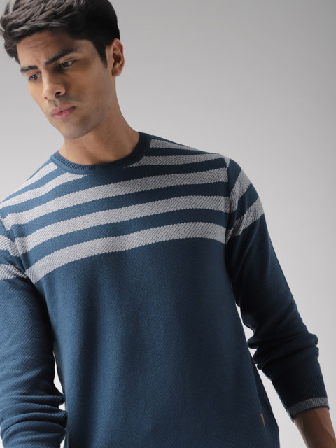 

Indian Terrain Men Teal Blue & Grey Striped Pullover