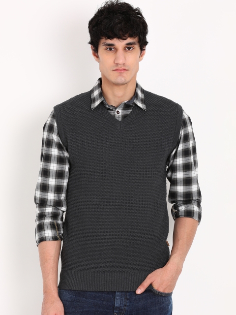 

Indian Terrain Men Charcoal Self Design Sweater Vest