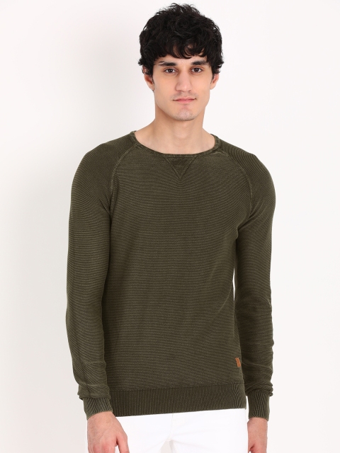 

Indian Terrain Men Olive Green Self Design Pullover