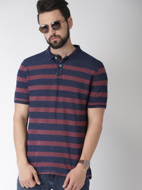 

Indian Terrain Men Burgundy Navy Blue Striped Polo Collar Pure Cotton T-shirt