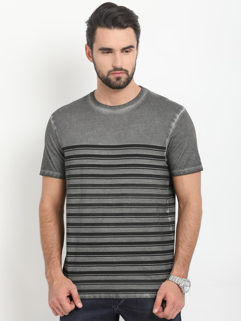 

Indian Terrain Men Grey Striped Round Neck T-shirt