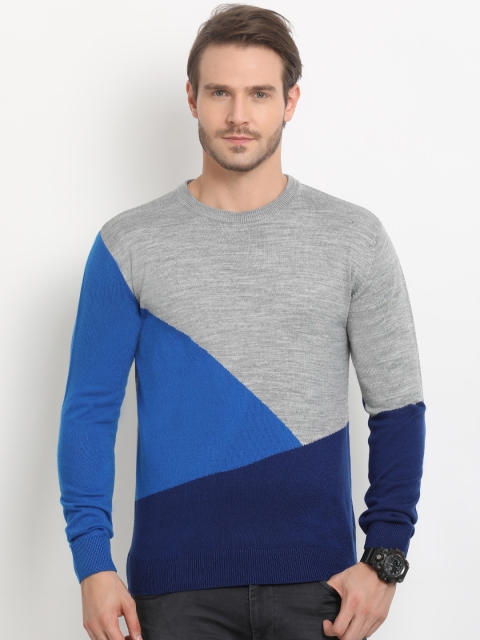

Indian Terrain Men Blue & Grey Colourblocked Pullover