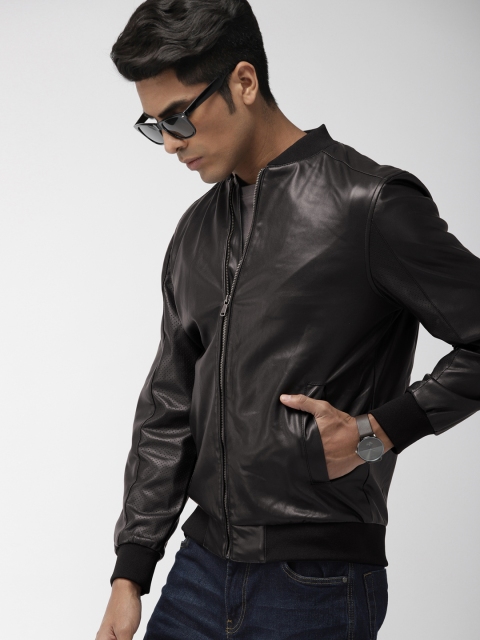 

Indian Terrain Men Black Solid Faux Leather Bomber Jacket