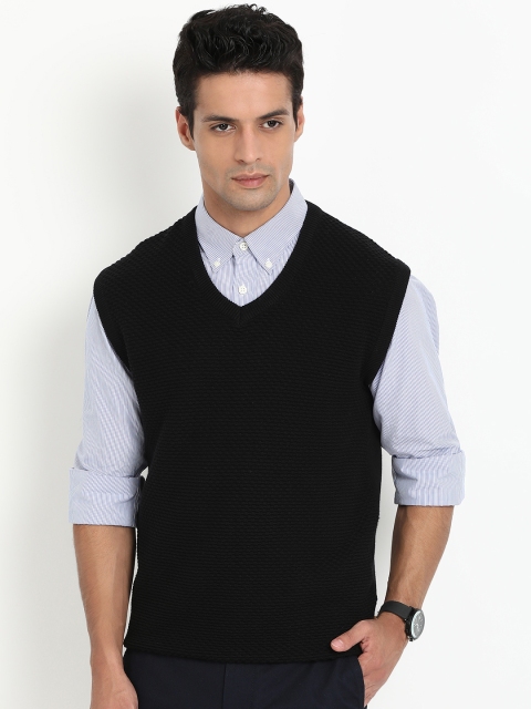 

Indian Terrain Men Black Self Design Sweater Vest